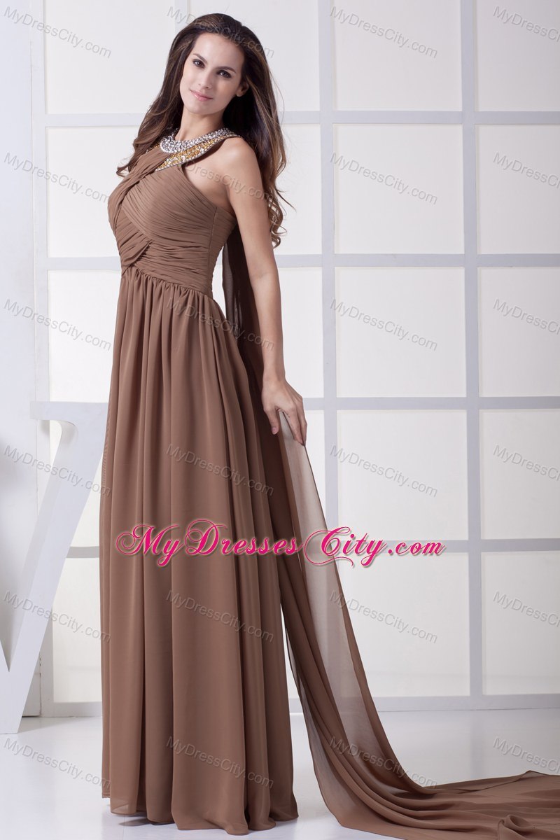 Watteau Train Scoop Beading and Ruching Brown Prom Dress