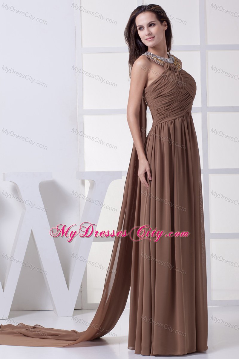 Watteau Train Scoop Beading and Ruching Brown Prom Dress