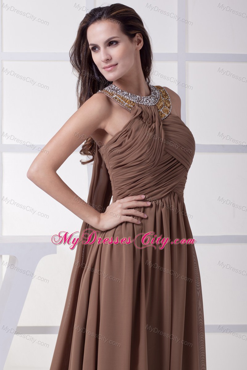 Watteau Train Scoop Beading and Ruching Brown Prom Dress