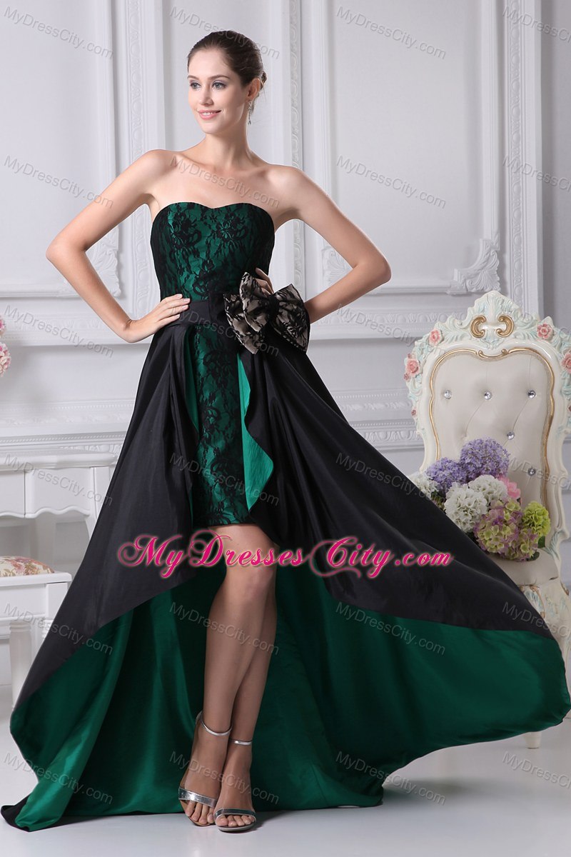 High-low Sweetheart Bowknot Lace Black and Green Prom Dresses