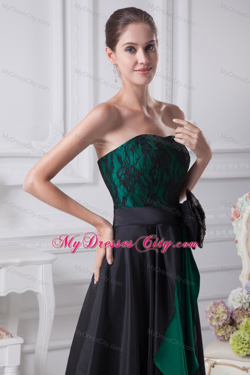 High-low Sweetheart Bowknot Lace Black and Green Prom Dresses