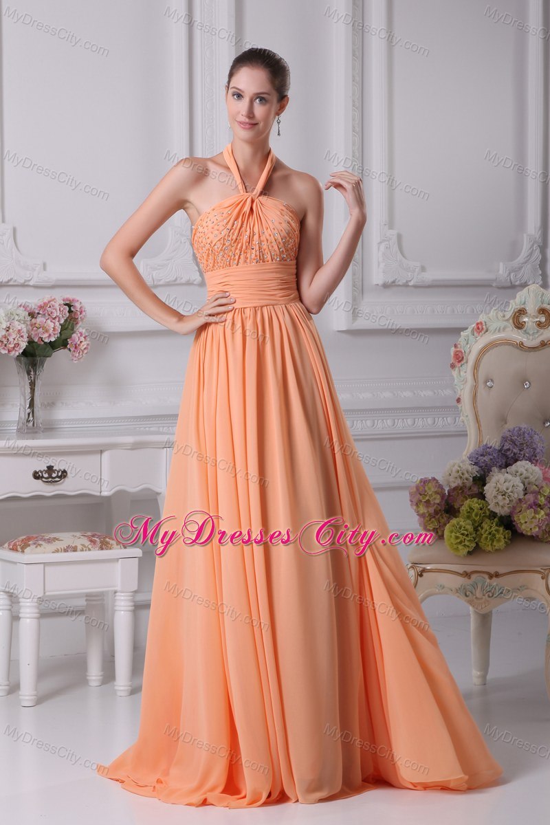 Halter top beading prom gowns with ruching waistband