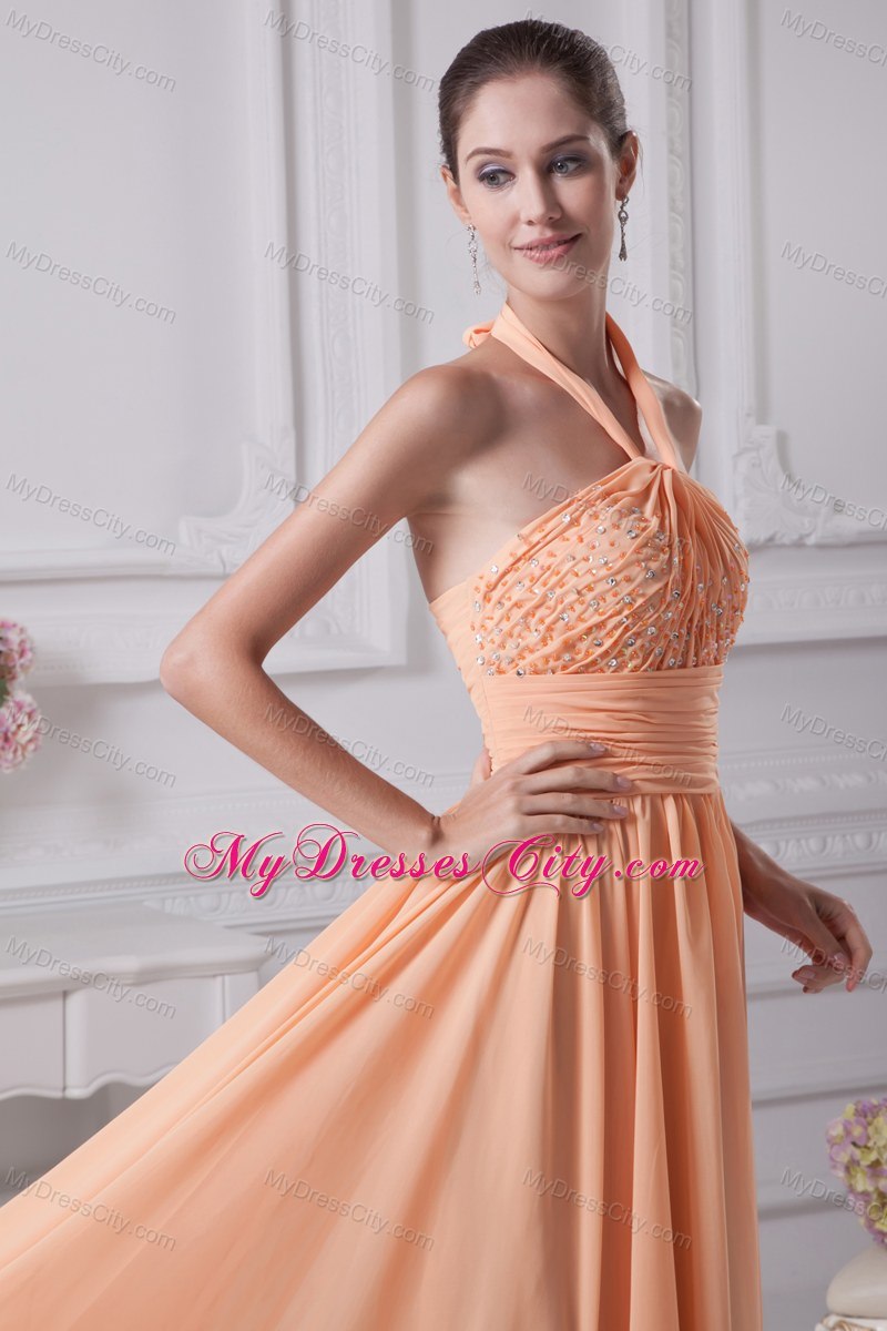 Halter top beading prom gowns with ruching waistband