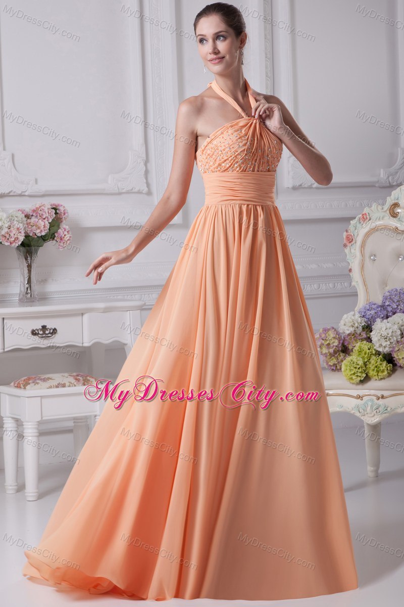 Halter top beading prom gowns with ruching waistband