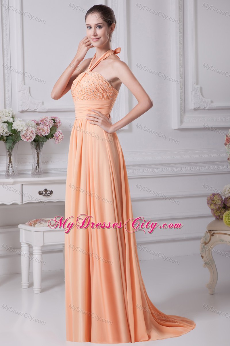 Halter top beading prom gowns with ruching waistband