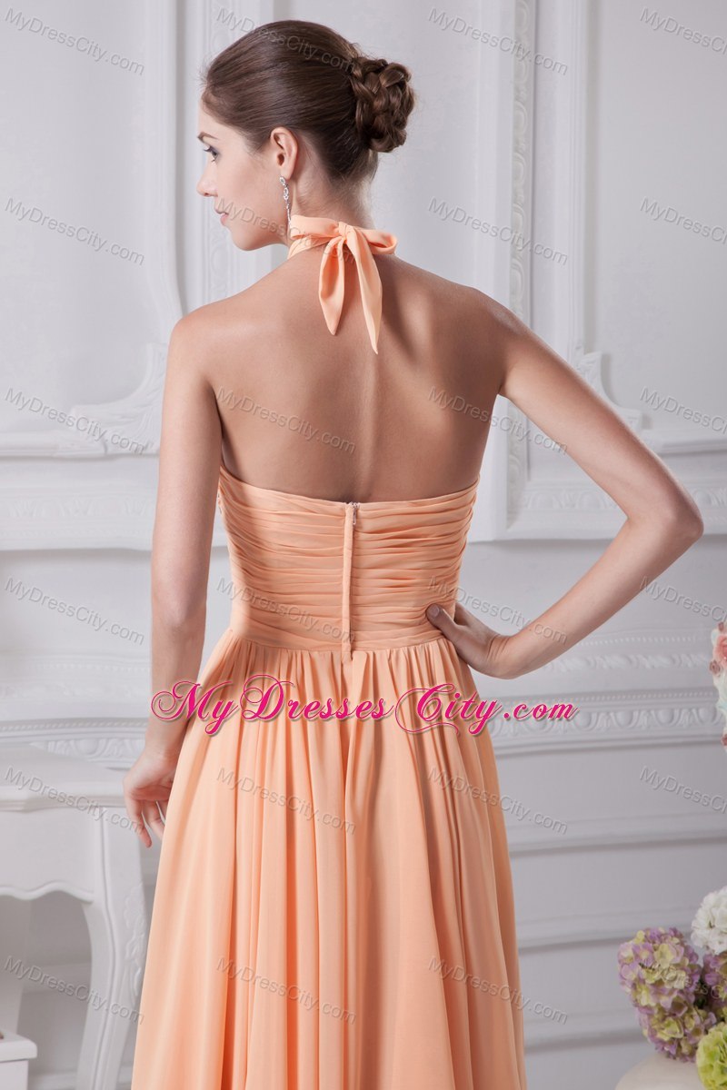 Halter top beading prom gowns with ruching waistband