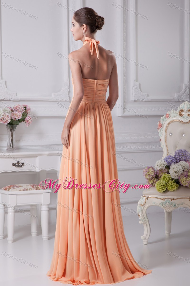 Halter top beading prom gowns with ruching waistband