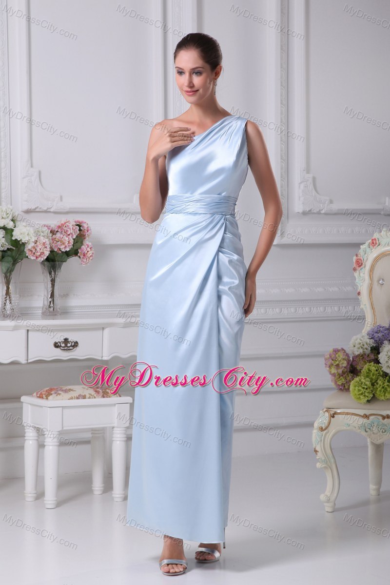 One Shoulder Light Blue Ruching Ankle-length Prom Dress