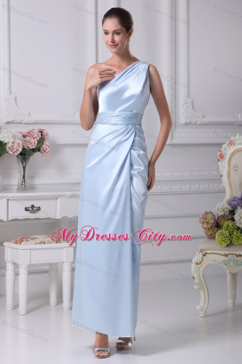 One Shoulder Light Blue Ruching Ankle-length Prom Dress