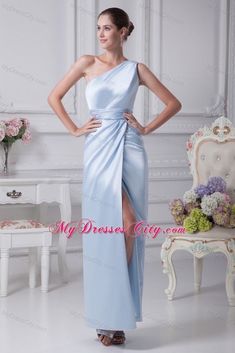 One Shoulder Light Blue Ruching Ankle-length Prom Dress