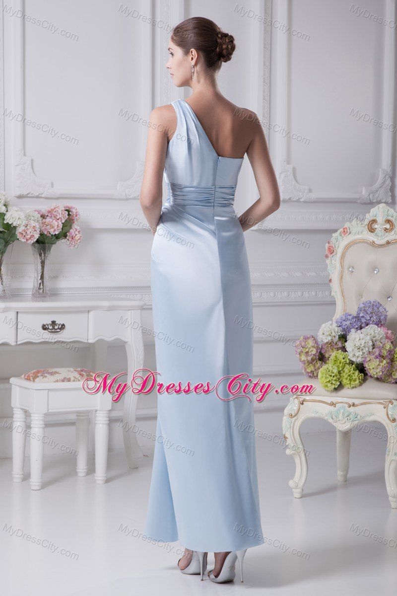 One Shoulder Light Blue Ruching Ankle-length Prom Dress