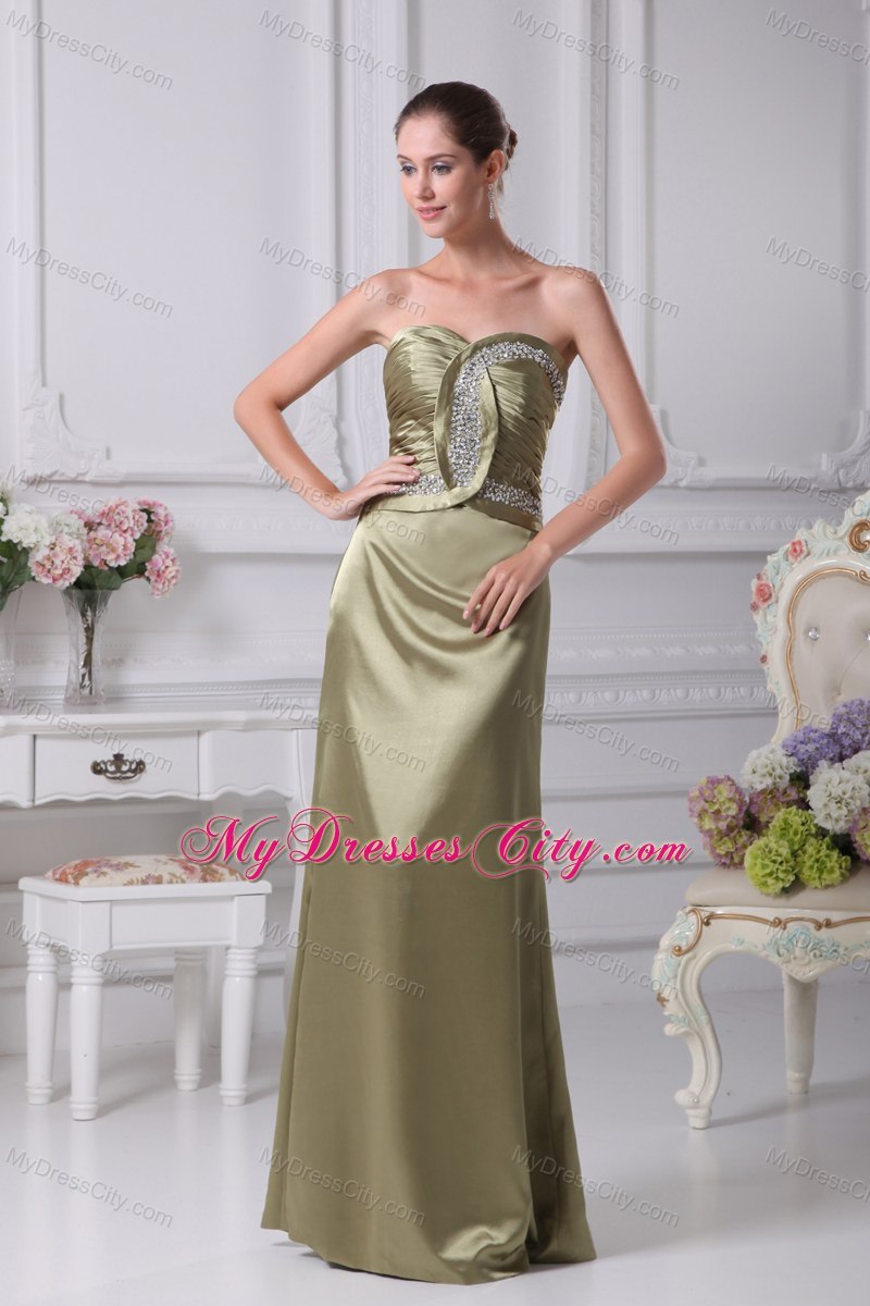 Olive Green Column Sweetheart Beading Ruching Prom Dress