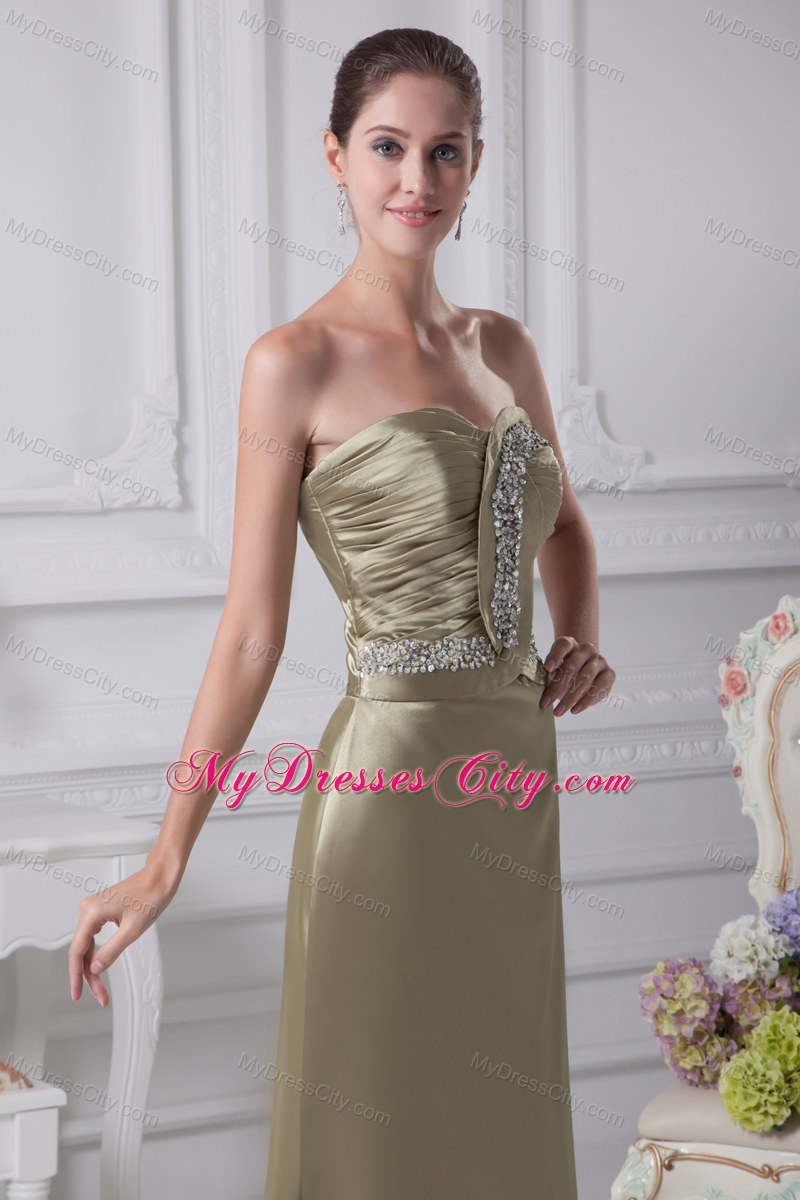 Olive Green Column Sweetheart Beading Ruching Prom Dress