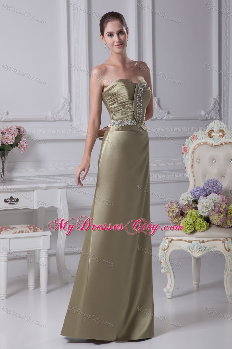 Olive Green Column Sweetheart Beading Ruching Prom Dress