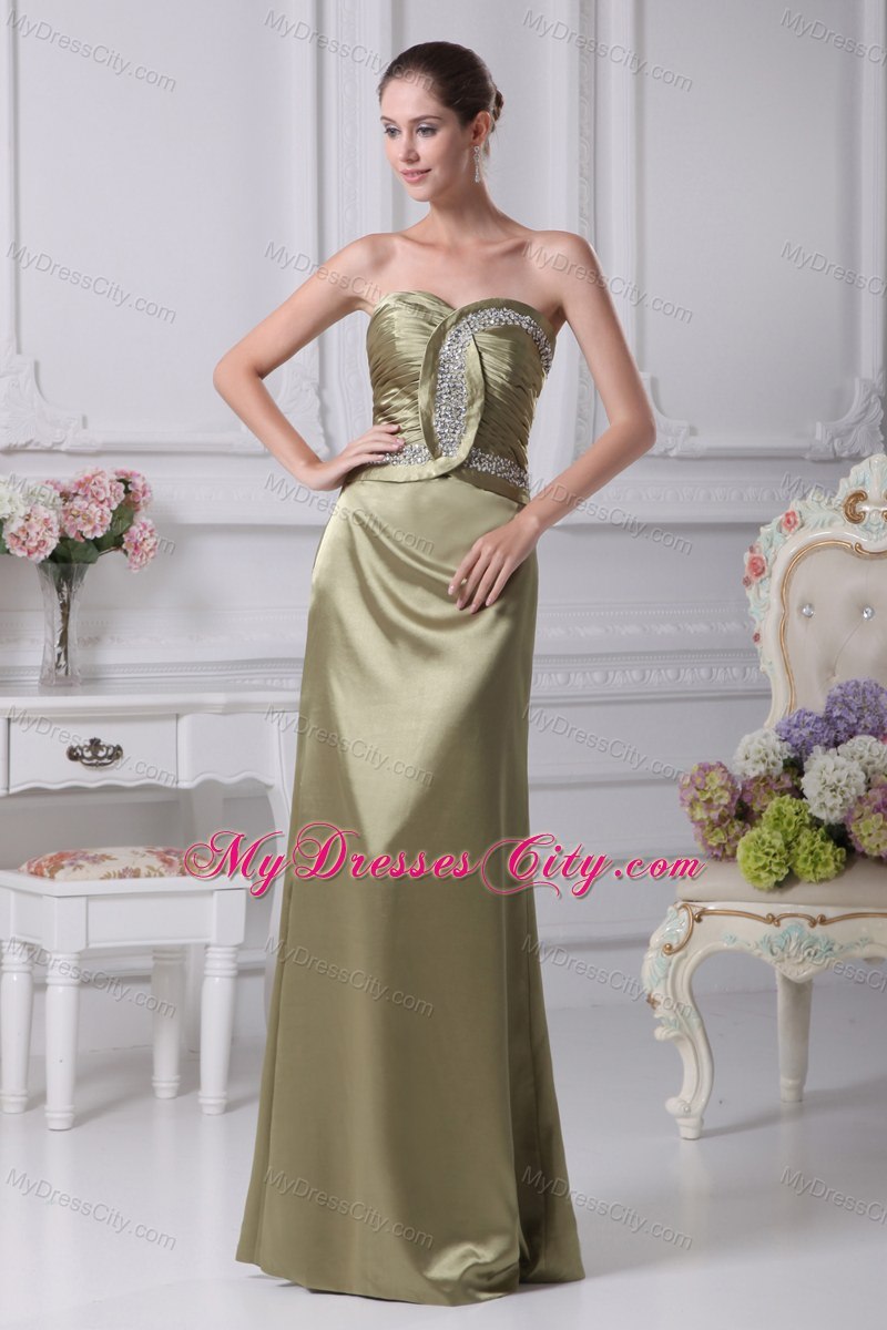 Olive Green Column Sweetheart Beading Ruching Prom Dress