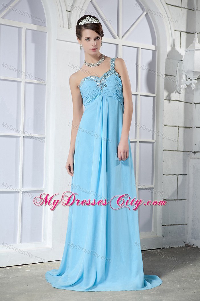 Empire One Shoulder Beading Brush Train Light Blue Prom Dresses