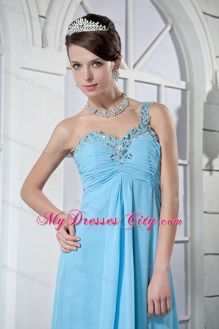 Empire One Shoulder Beading Brush Train Light Blue Prom Dresses