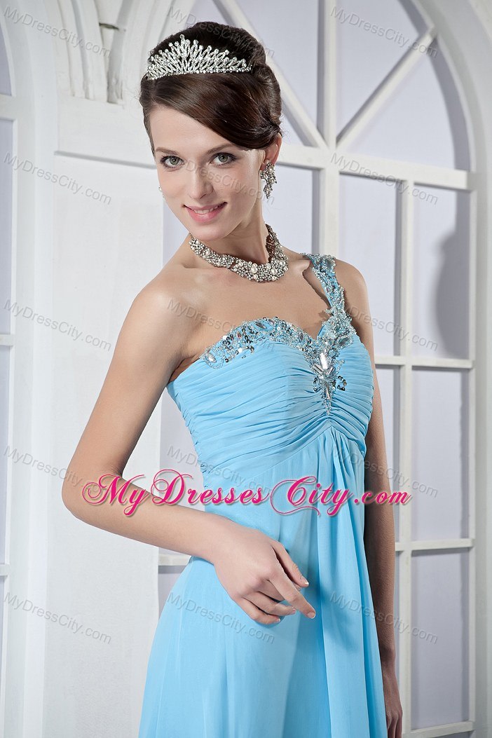 Empire One Shoulder Beading Brush Train Light Blue Prom Dresses