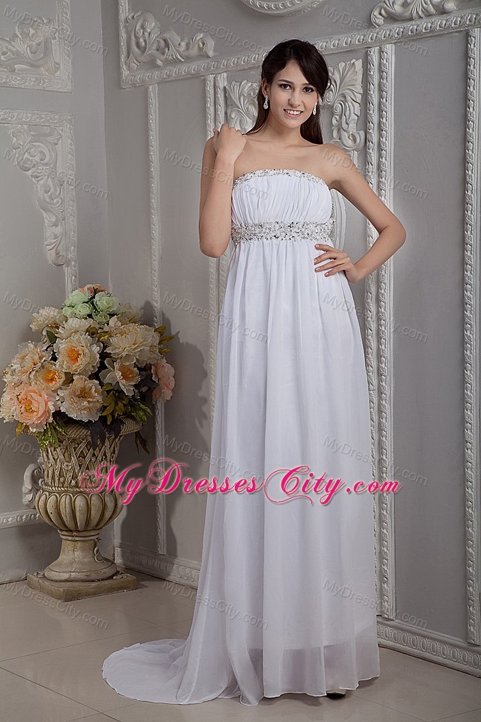 Pretty Column Strapless Beading Brush Train Prom Dress for Girls