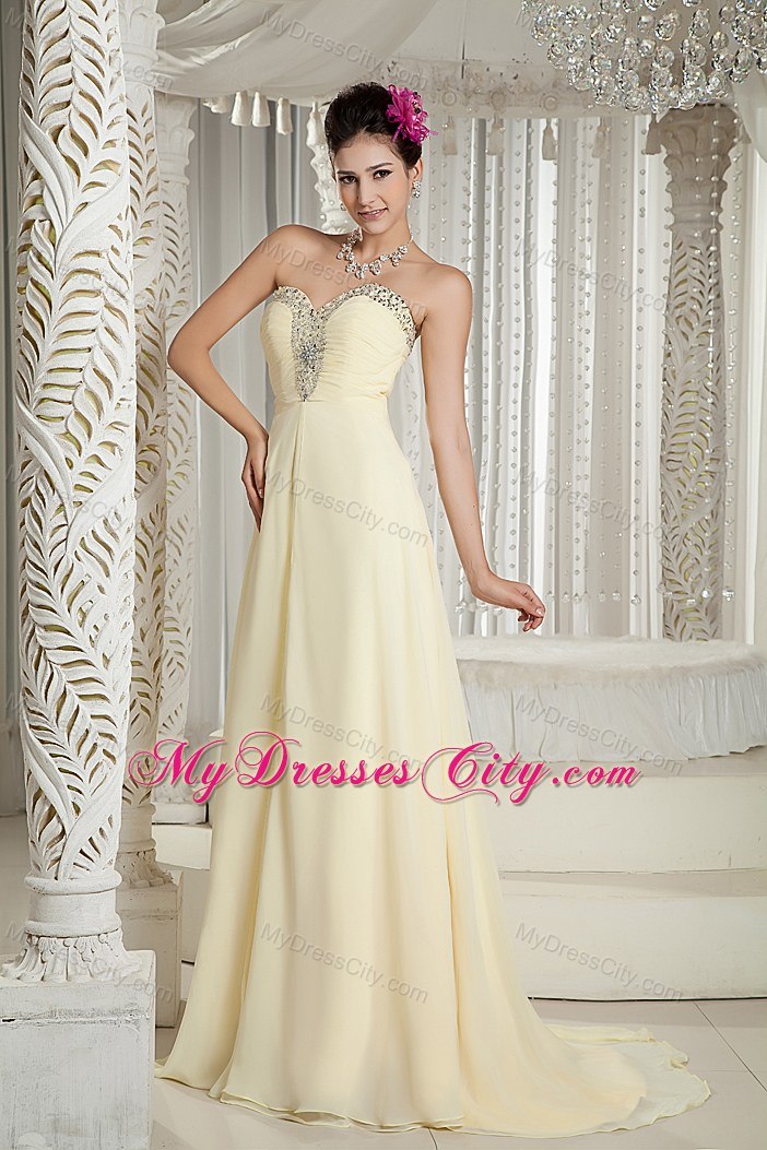 Sweetheart Beading Brush Train Light Yellow Spring Prom Dresses