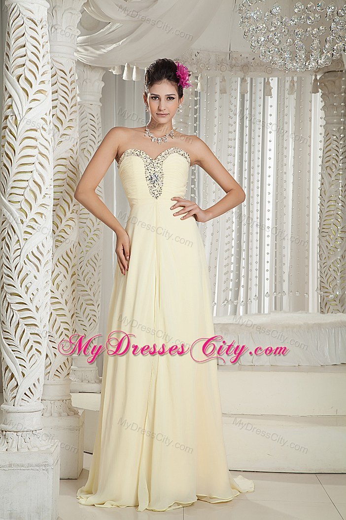 Sweetheart Beading Brush Train Light Yellow Spring Prom Dresses