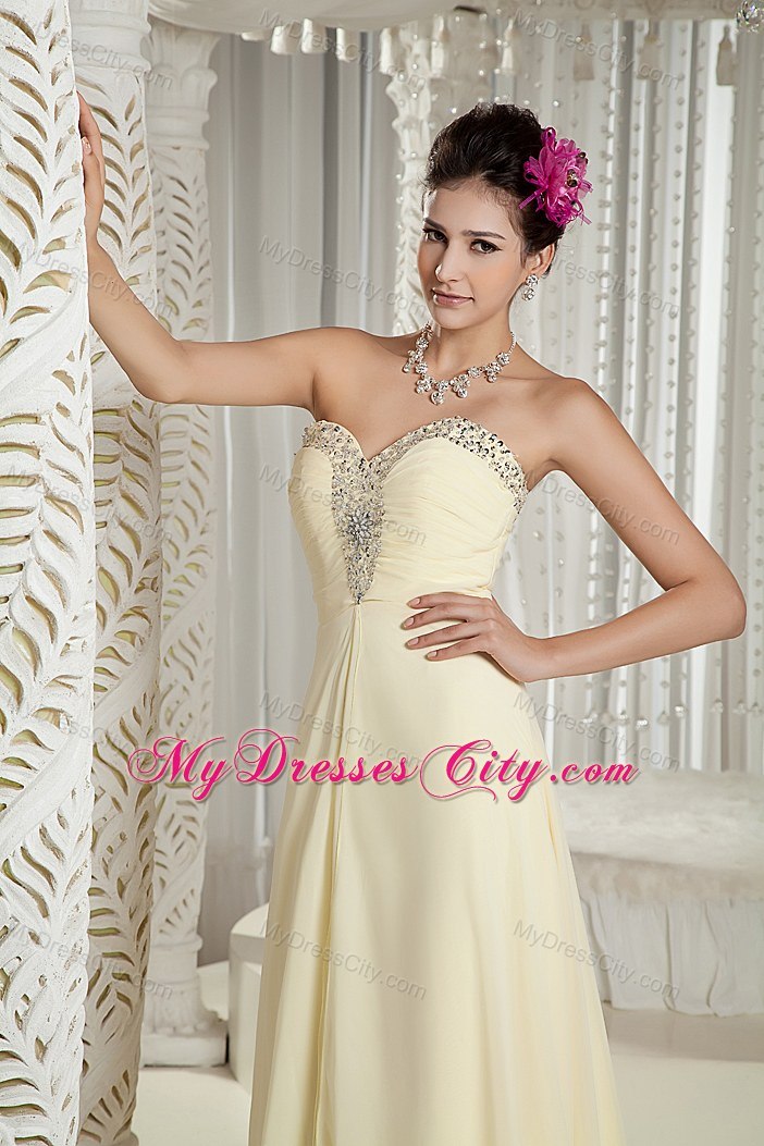 Sweetheart Beading Brush Train Light Yellow Spring Prom Dresses