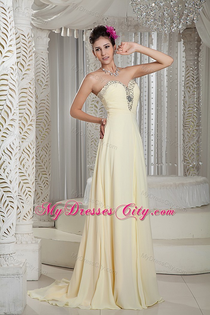 Sweetheart Beading Brush Train Light Yellow Spring Prom Dresses