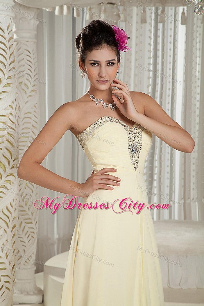 Sweetheart Beading Brush Train Light Yellow Spring Prom Dresses