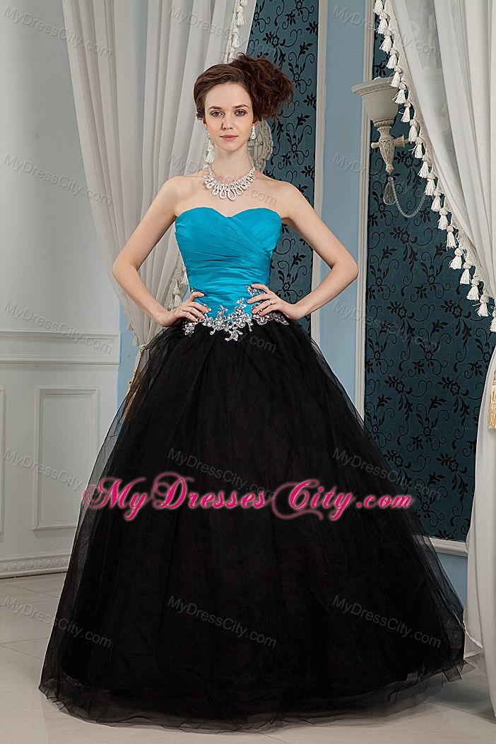 A-line Sweetheart Turqoise and Black Prom Dress with Appliques