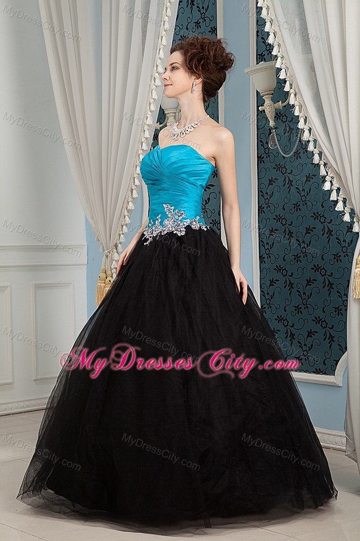 A-line Sweetheart Turqoise and Black Prom Dress with Appliques