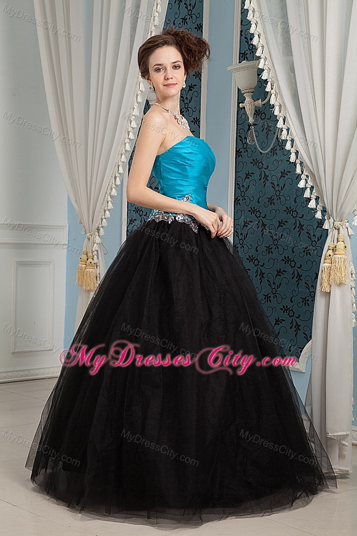 A-line Sweetheart Turqoise and Black Prom Dress with Appliques