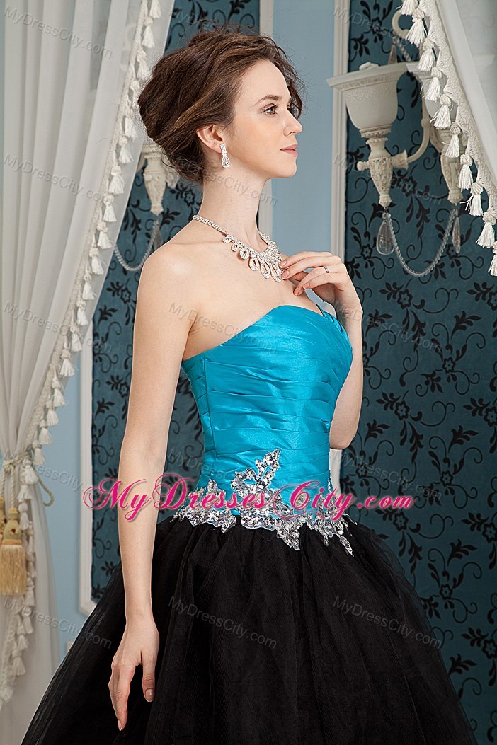 A-line Sweetheart Turqoise and Black Prom Dress with Appliques