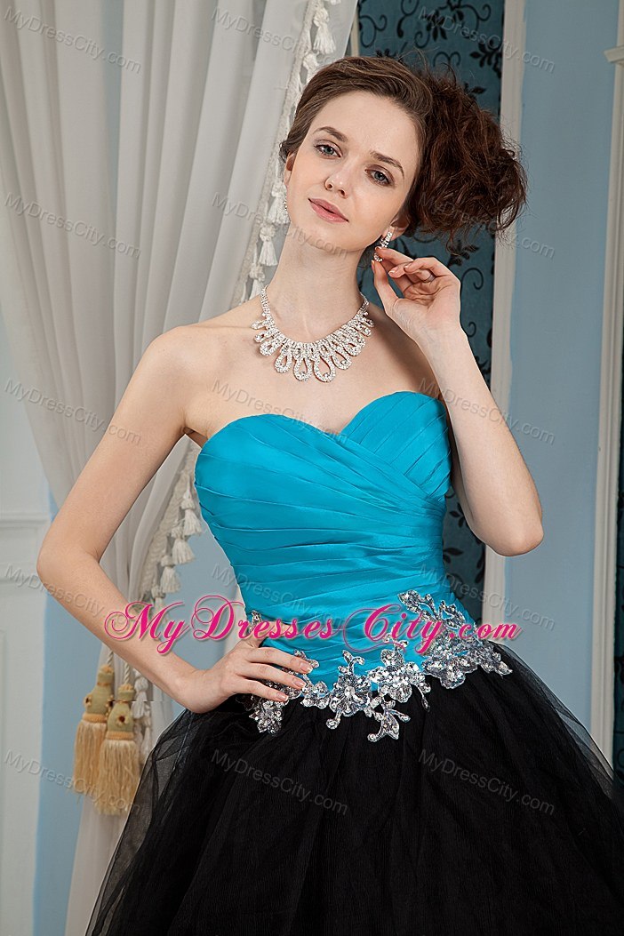 A-line Sweetheart Turqoise and Black Prom Dress with Appliques