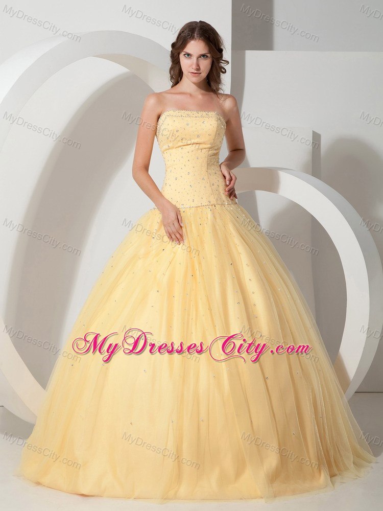 Clearance Strapless Beading Tulle Light Yellow Quinceanera Dress