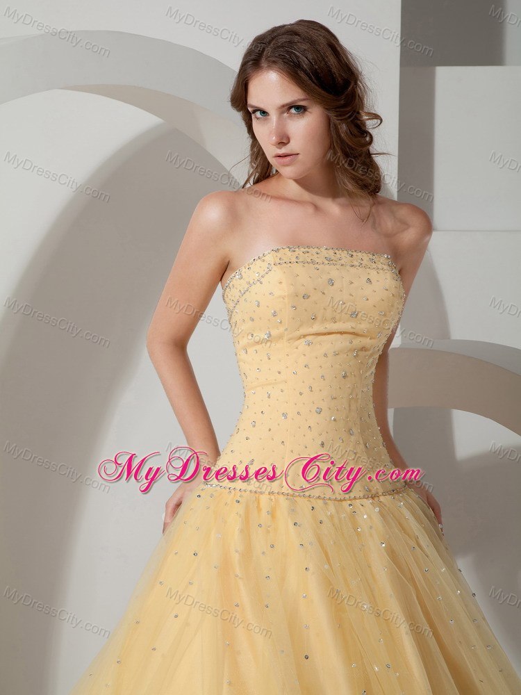 Clearance Strapless Beading Tulle Light Yellow Quinceanera Dress