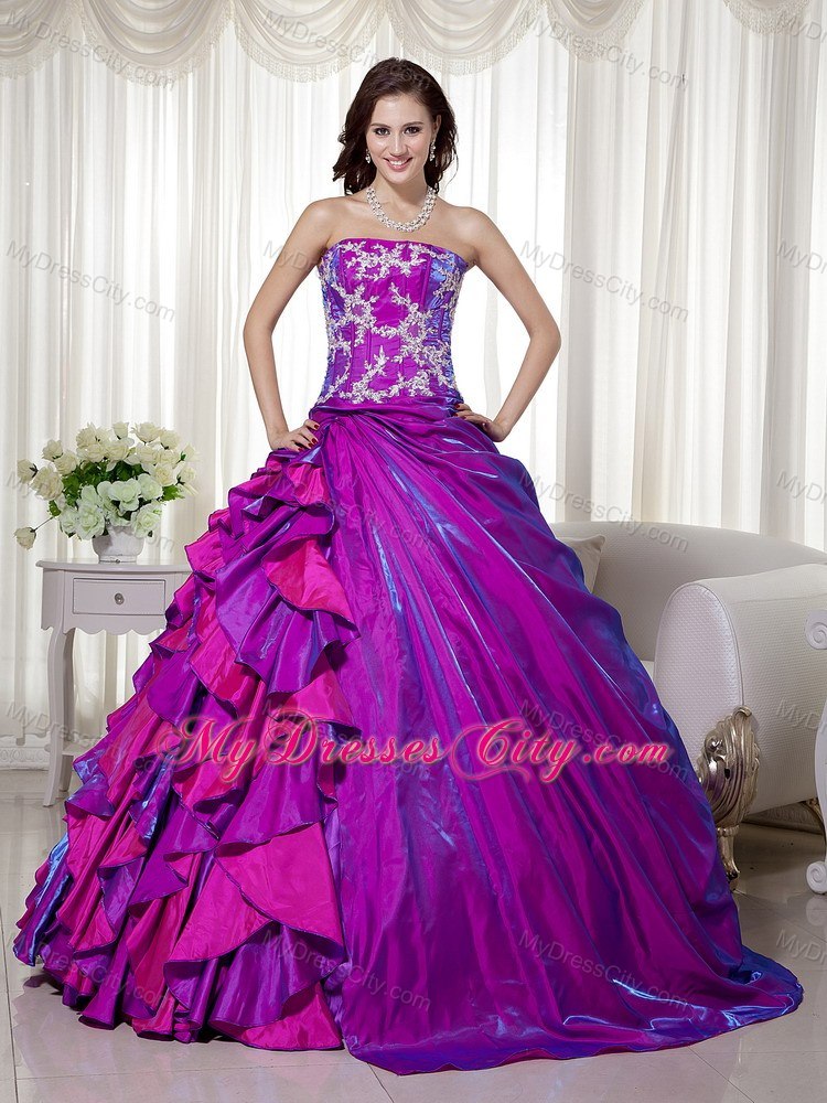 Taffeta Strapless Appliques Layers Purple Quinceanera Dresses