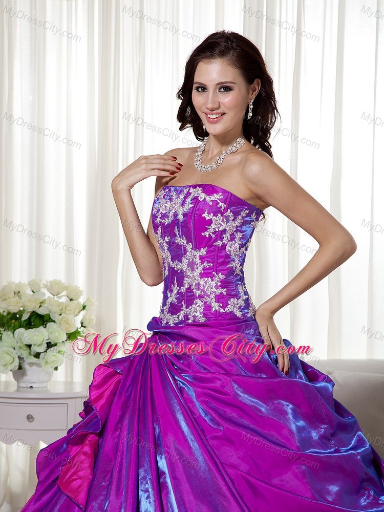 Taffeta Strapless Appliques Layers Purple Quinceanera Dresses