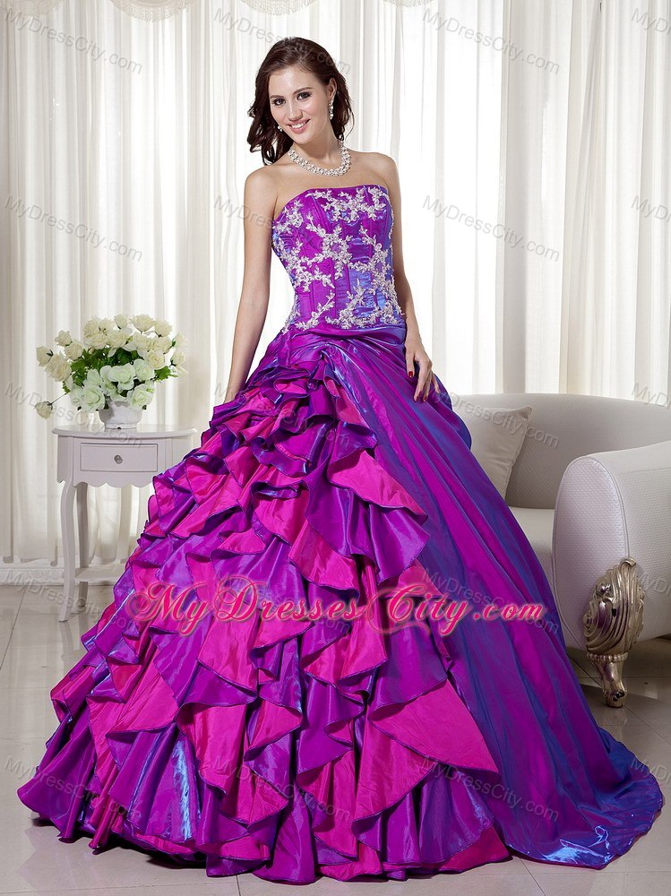 Taffeta Strapless Appliques Layers Purple Quinceanera Dresses