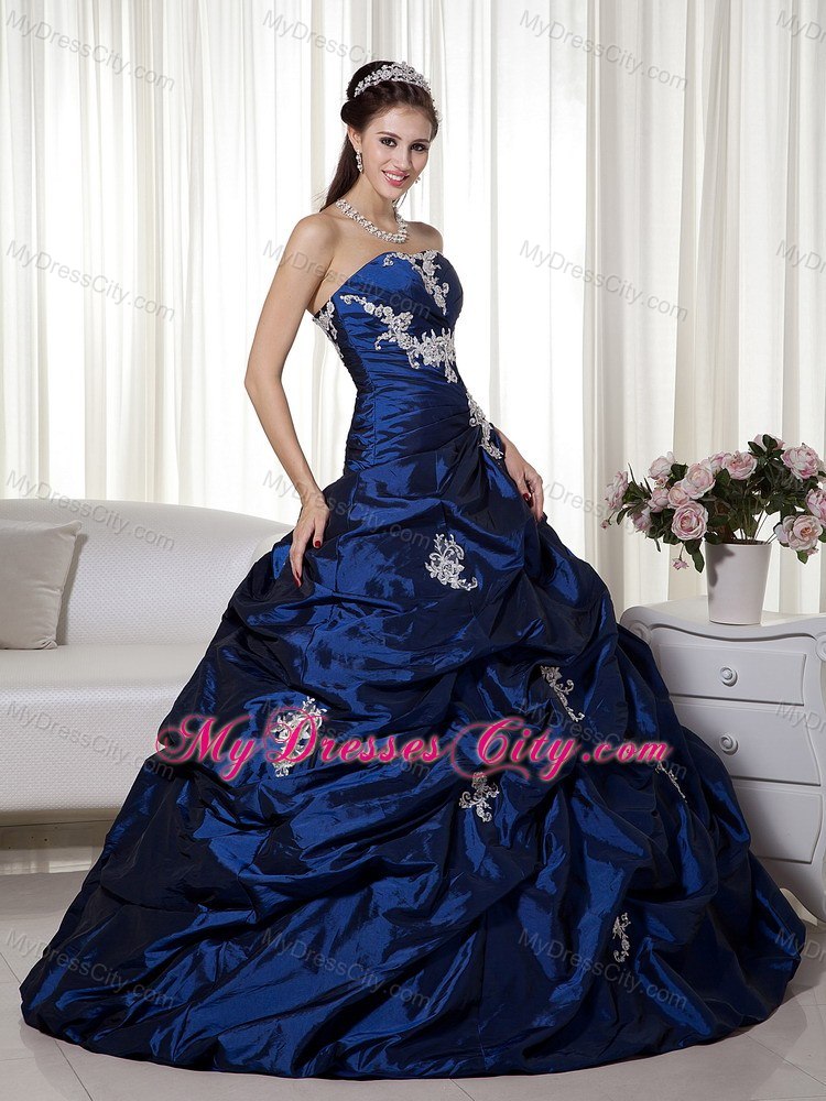 Taffeta Appliques Strapless Navy Blue Dress for Sweet 16