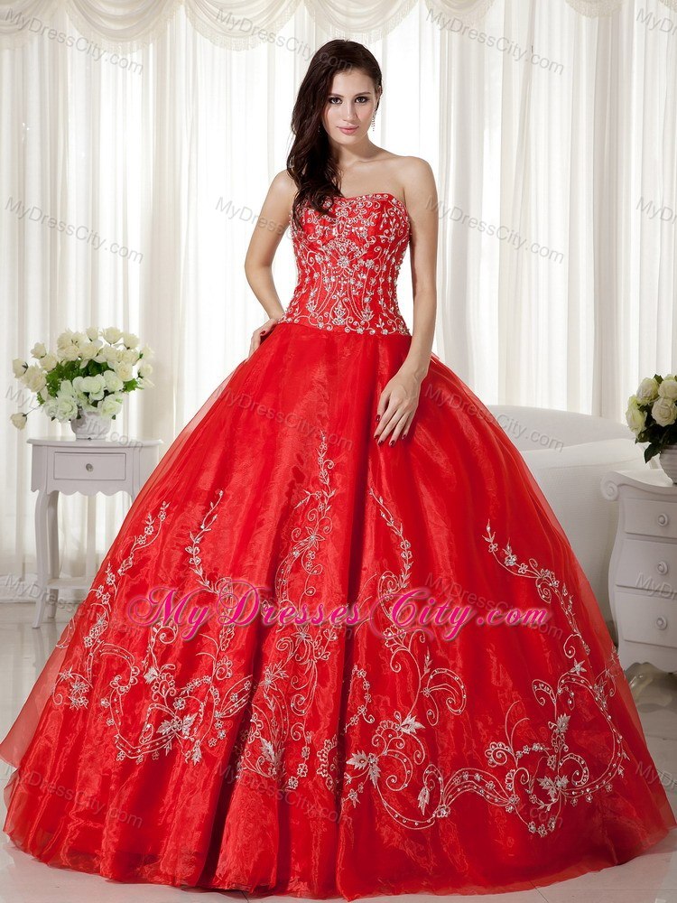 Red Sweetheart Embroidery and Beading Quinceanera Gowns