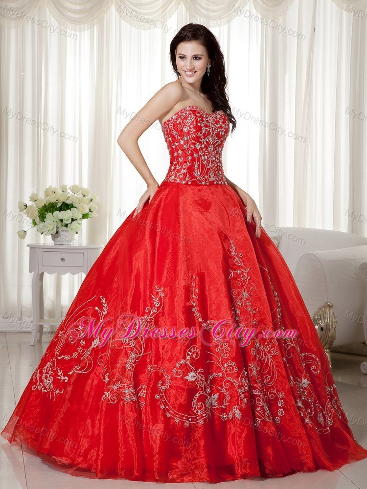 Red Sweetheart Embroidery and Beading Quinceanera Gowns