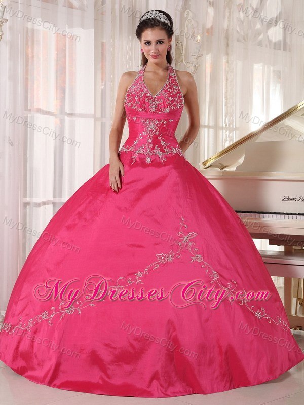 Taffeta Embroidery Halter Red Quinceanera Gowns Designer