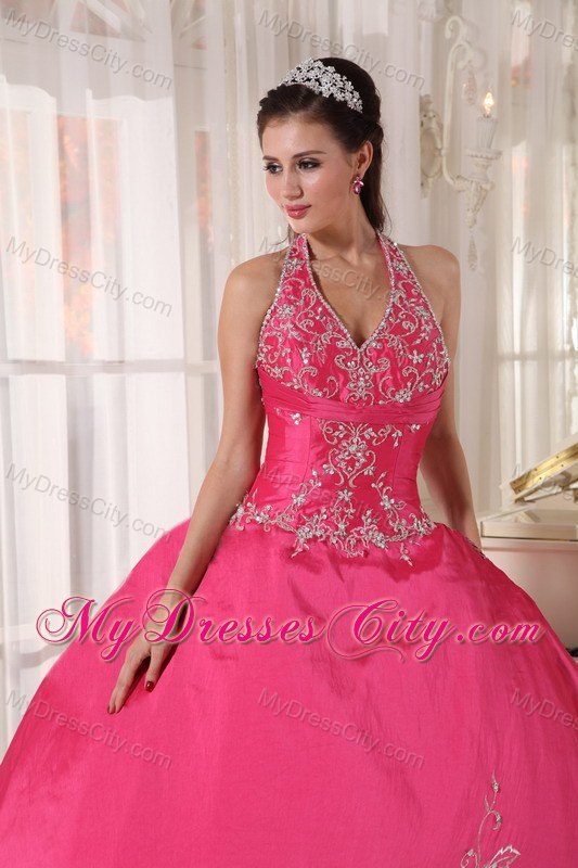 Taffeta Embroidery Halter Red Quinceanera Gowns Designer