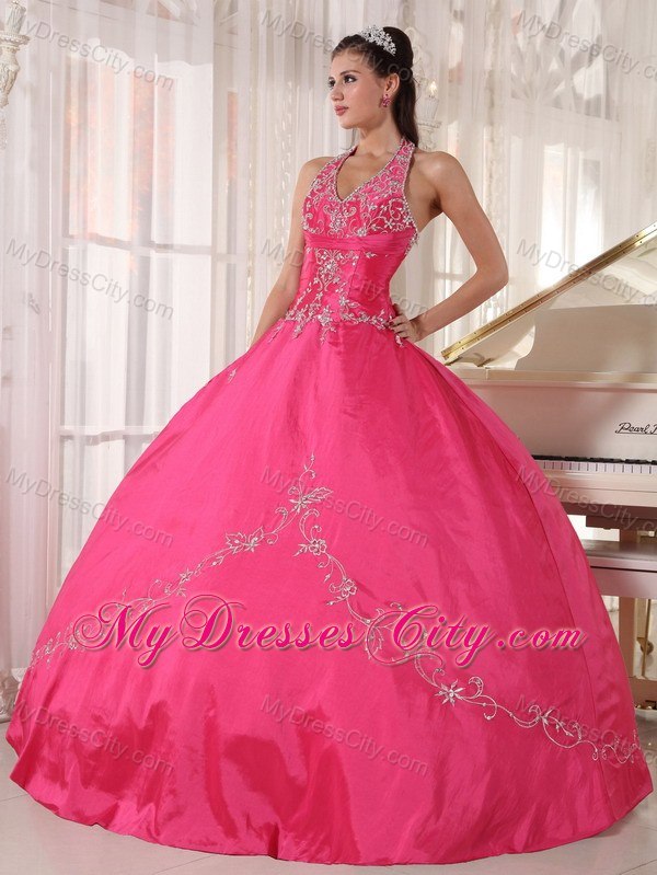 Taffeta Embroidery Halter Red Quinceanera Gowns Designer