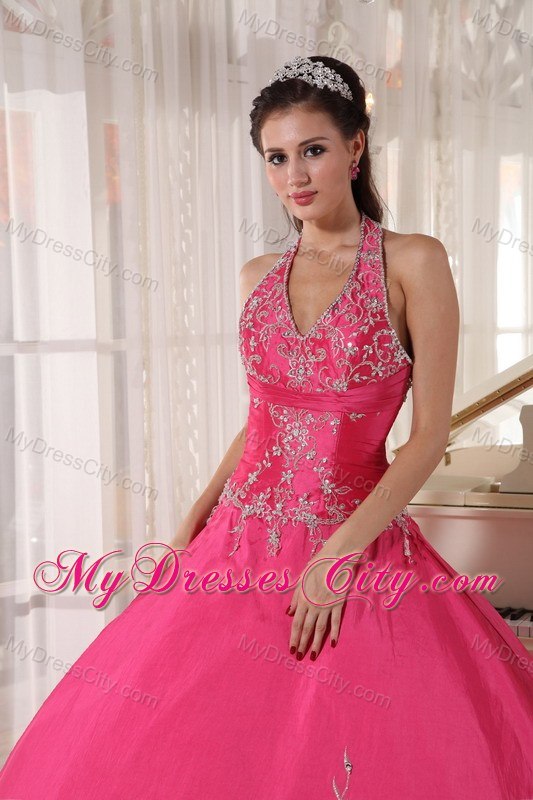 Taffeta Embroidery Halter Red Quinceanera Gowns Designer