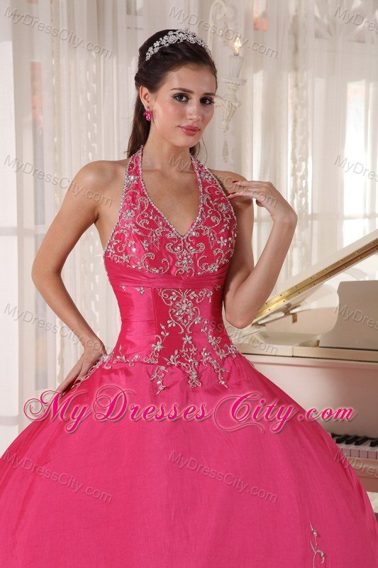 Taffeta Embroidery Halter Red Quinceanera Gowns Designer