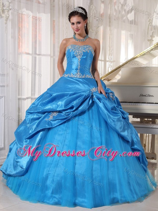 Tailor Made Strapless Taffeta and Tulle Teal Quinceanera Dress