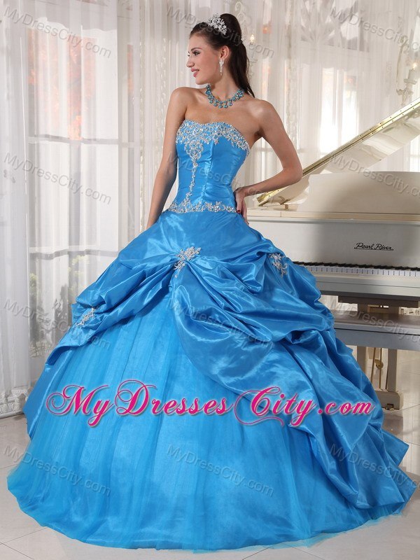 Tailor Made Strapless Taffeta and Tulle Teal Quinceanera Dress