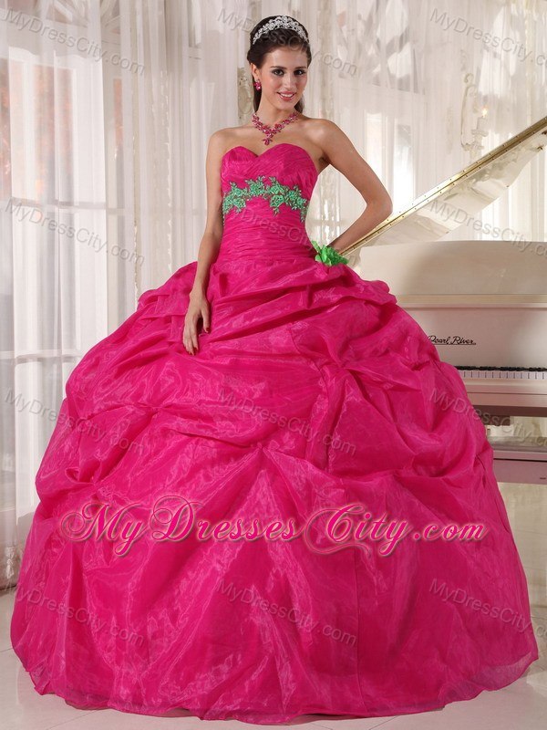 Sweetheart Handmade Flower Organza Hot Pink Quinceanera Dresses