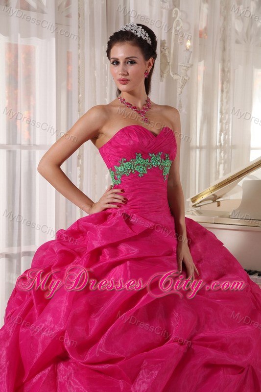 Sweetheart Handmade Flower Organza Hot Pink Quinceanera Dresses